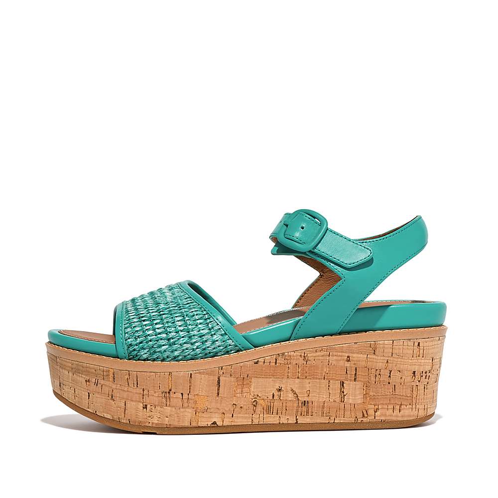 Sandalias De Cuña Fitflop ELOISE Cork-Wrap Woven Back-Strap Mujer Azules Blancas | Chile-45812