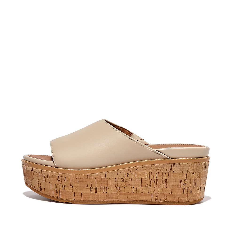 Sandalias De Cuña Fitflop ELOISE Cork-Wrap Leather Wedge Slides Mujer Gris Beige | Chile-68934