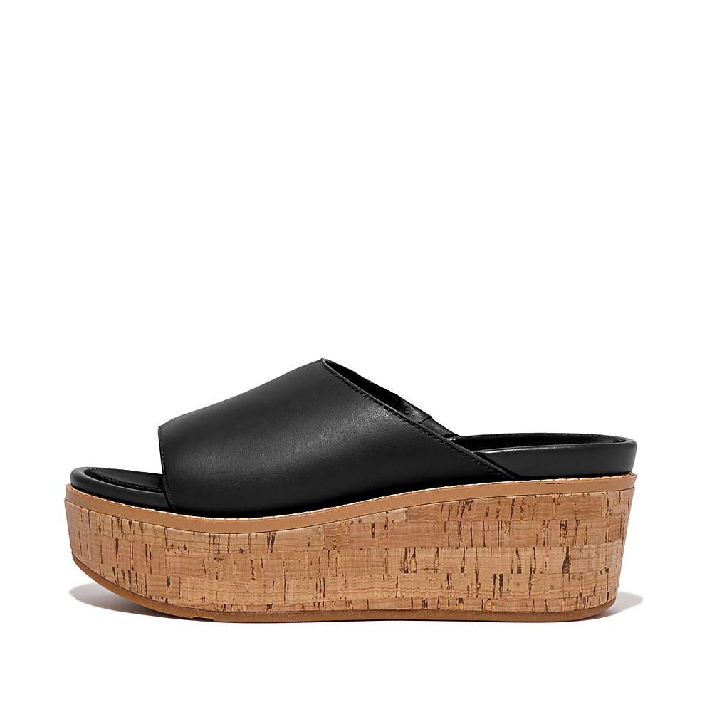 Sandalias De Cuña Fitflop ELOISE Cork-Wrap Leather Wedge Slides Mujer Negras | Chile-87403