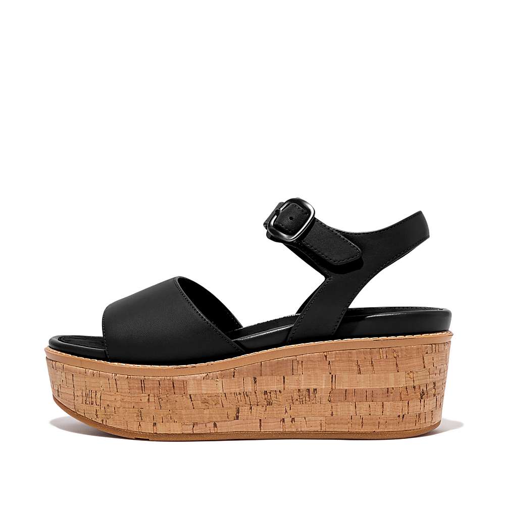 Sandalias De Cuña Fitflop ELOISE Cork-Wrap Leather Mujer Negras | Chile-87614