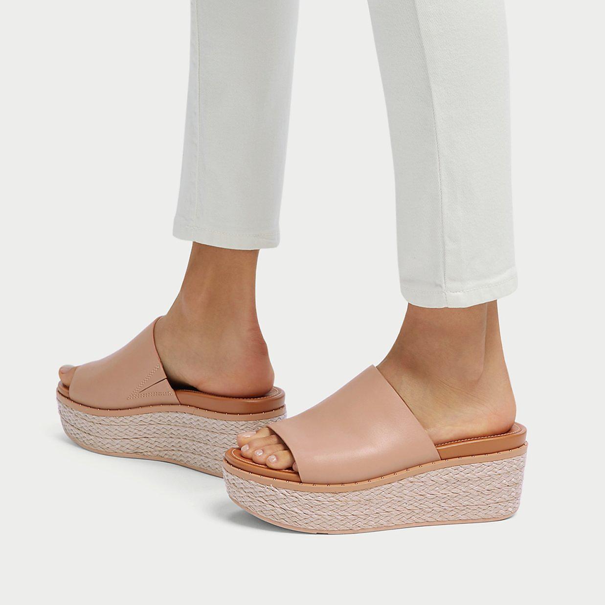 Sandalias De Cuña Fitflop ELOISE Espadrille Leather Wedge Slides Mujer Beige | Chile-06784