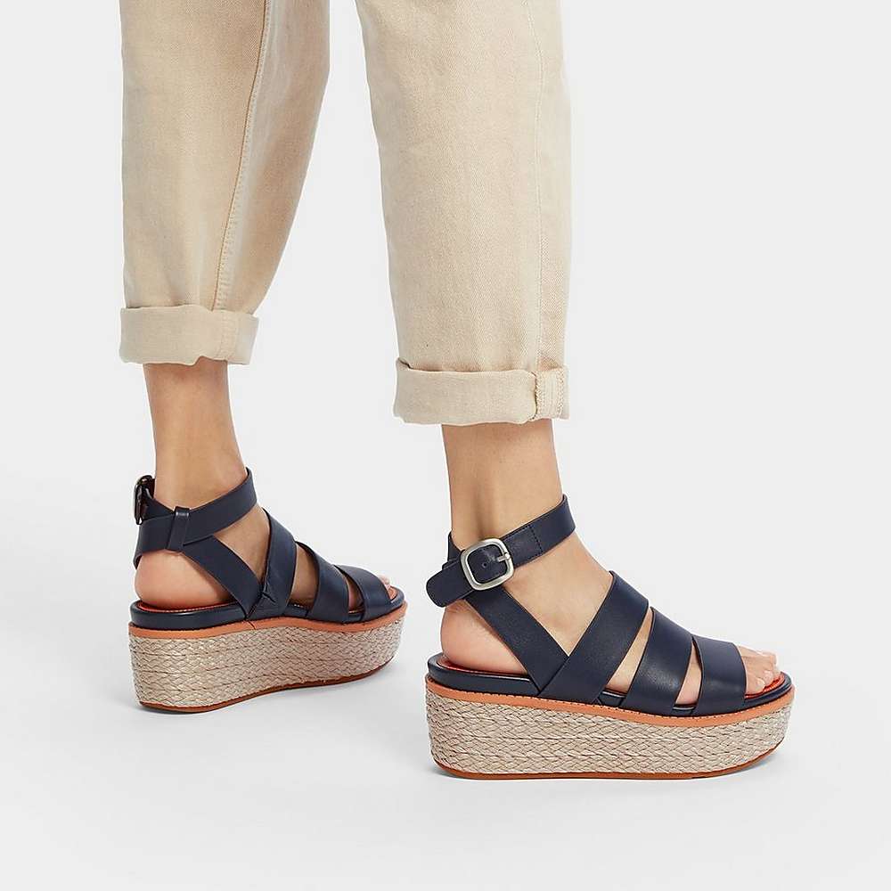 Sandalias De Cuña Fitflop ELOISE Espadrille Leather Mujer Azul Marino | Chile-29318