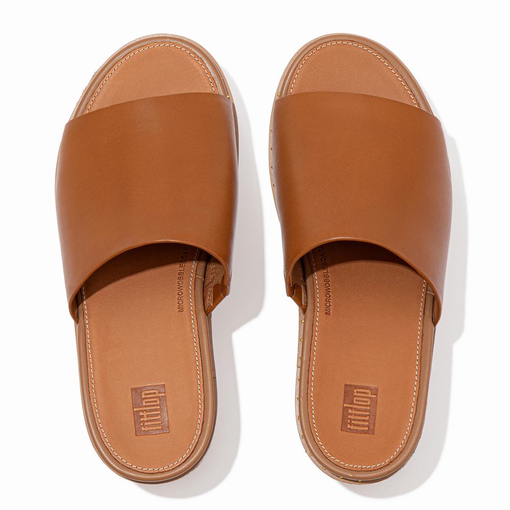 Sandalias De Cuña Fitflop ELOISE Espadrille Leather Wedge Slides Mujer Marrones Claro | Chile-49671