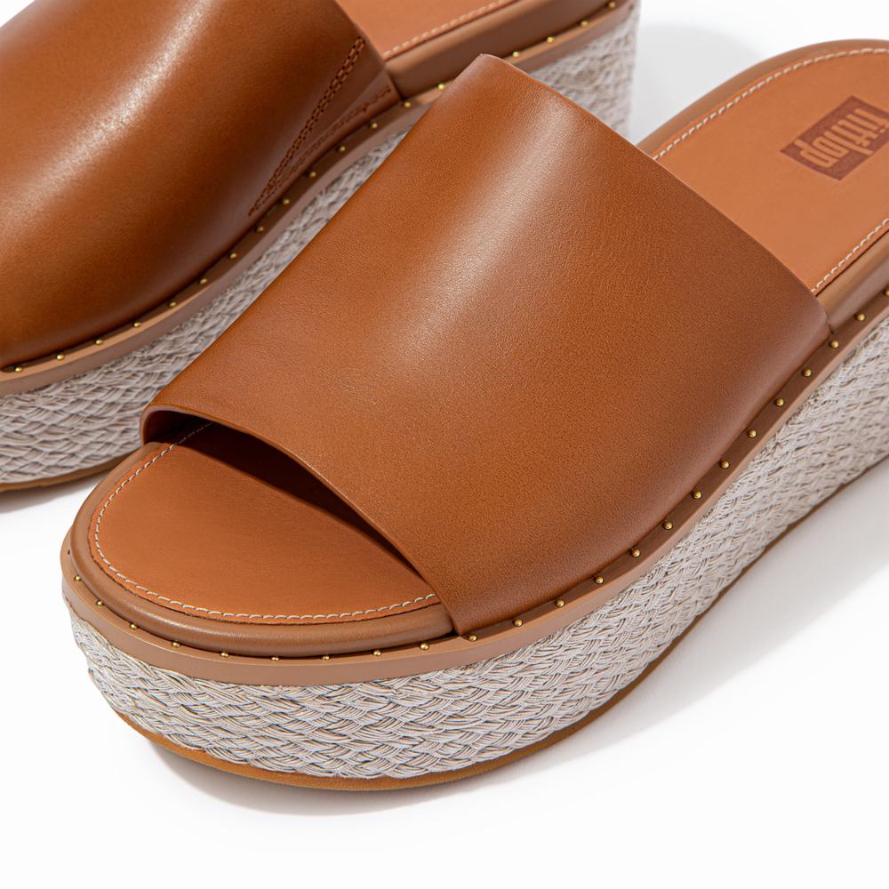 Sandalias De Cuña Fitflop ELOISE Espadrille Leather Wedge Slides Mujer Marrones Claro | Chile-49671