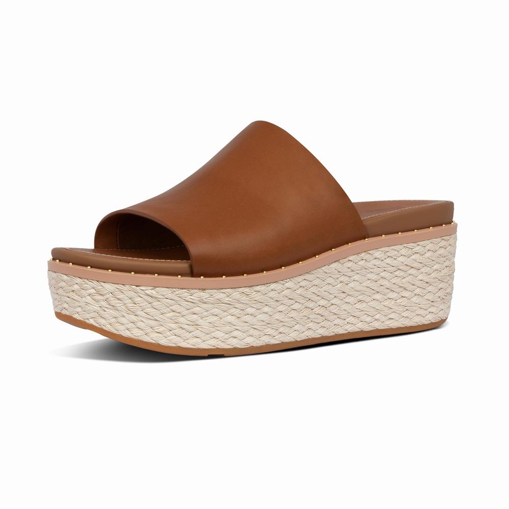 Sandalias De Cuña Fitflop ELOISE Espadrille Leather Wedge Slides Mujer Marrones Claro | Chile-49671