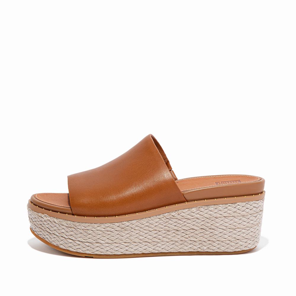 Sandalias De Cuña Fitflop ELOISE Espadrille Leather Wedge Slides Mujer Marrones Claro | Chile-49671