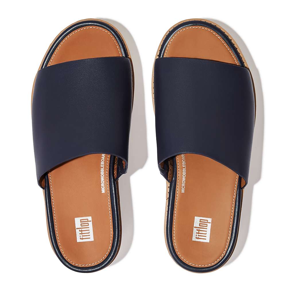 Sandalias De Cuña Fitflop ELOISE Espadrille Leather Wedge Slides Mujer Azul Marino | Chile-64317