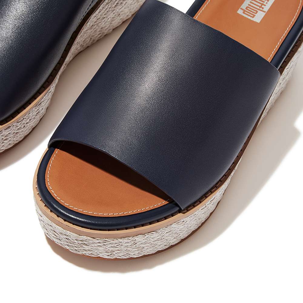 Sandalias De Cuña Fitflop ELOISE Espadrille Leather Wedge Slides Mujer Azul Marino | Chile-64317