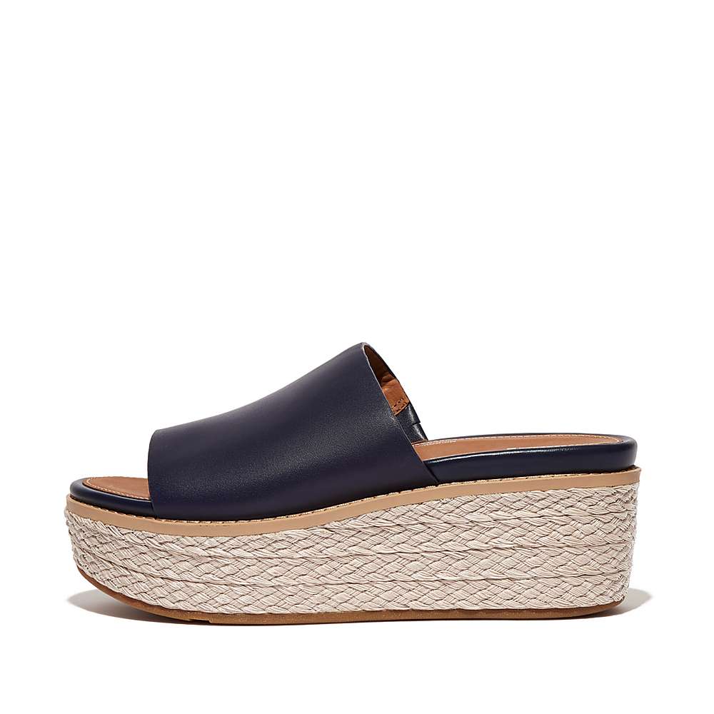 Sandalias De Cuña Fitflop ELOISE Espadrille Leather Wedge Slides Mujer Azul Marino | Chile-64317