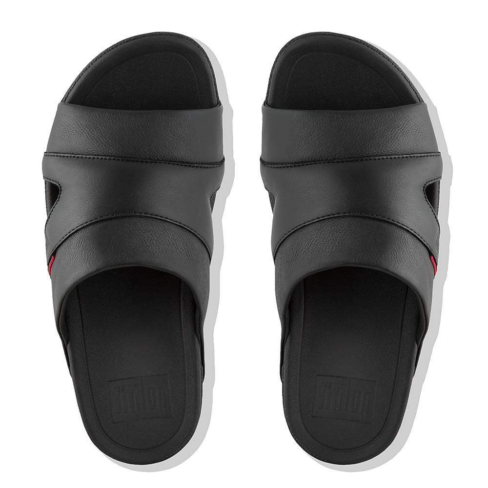 Sandalias Fitflop FREEWAY Leather Pool Slides Hombre Negras | Chile-98674