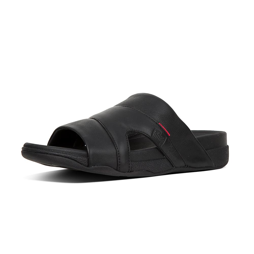 Sandalias Fitflop FREEWAY Leather Pool Slides Hombre Negras | Chile-98674