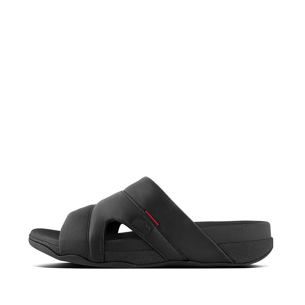 Sandalias Fitflop FREEWAY Leather Pool Slides Hombre Negras | Chile-98674