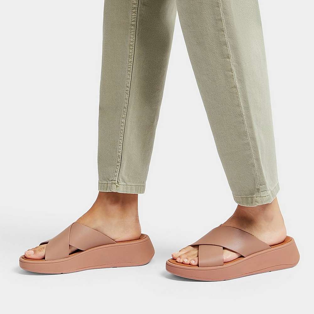 Sandalias Fitflop F-MODE Leather Flatform Cross Slides Mujer Beige | Chile-18903