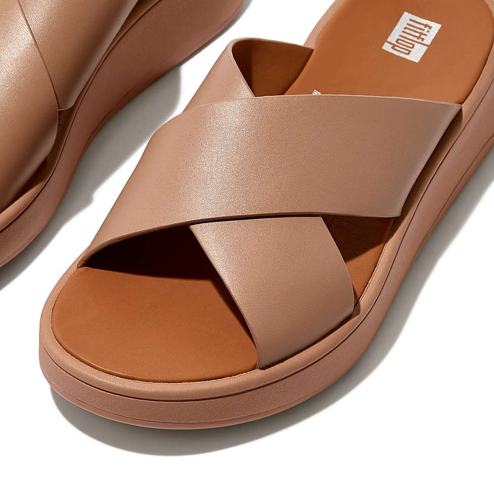 Sandalias Fitflop F-MODE Leather Flatform Cross Slides Mujer Beige | Chile-18903