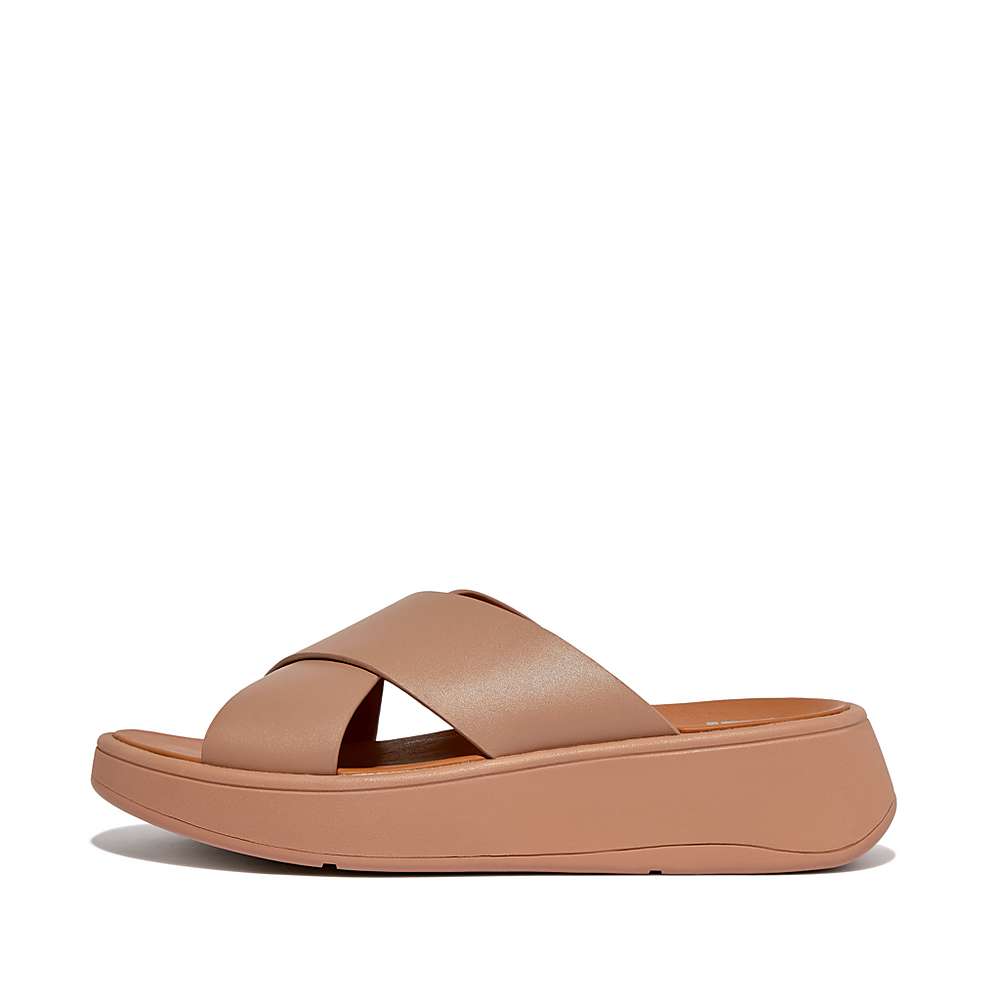 Sandalias Fitflop F-MODE Leather Flatform Cross Slides Mujer Beige | Chile-18903