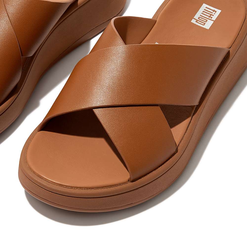 Sandalias Fitflop F-MODE Leather Flatform Cross Slides Mujer Marrones Claro | Chile-35091