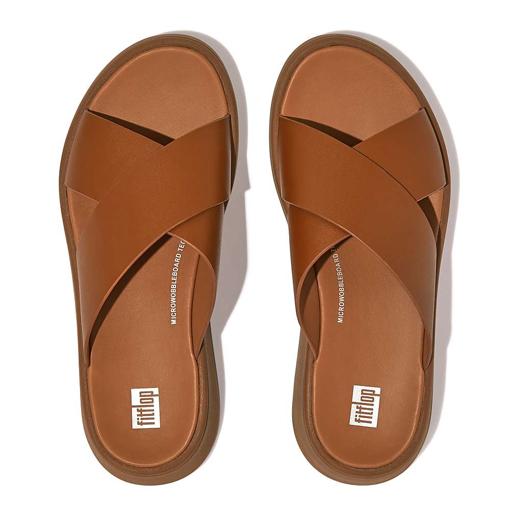 Sandalias Fitflop F-MODE Leather Flatform Cross Slides Mujer Marrones Claro | Chile-35091