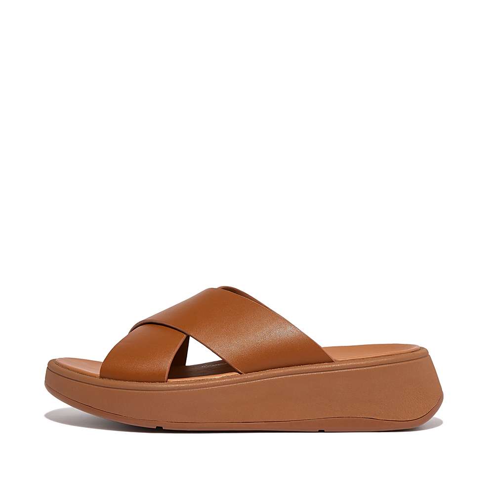 Sandalias Fitflop F-MODE Leather Flatform Cross Slides Mujer Marrones Claro | Chile-35091