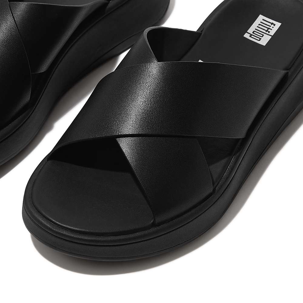 Sandalias Fitflop F-MODE Leather Flatform Cross Slides Mujer Negras | Chile-62317