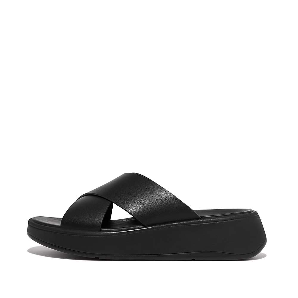 Sandalias Fitflop F-MODE Leather Flatform Cross Slides Mujer Negras | Chile-62317