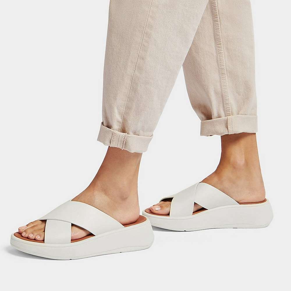 Sandalias Fitflop F-MODE Leather Flatform Cross Slides Mujer Creme | Chile-83609