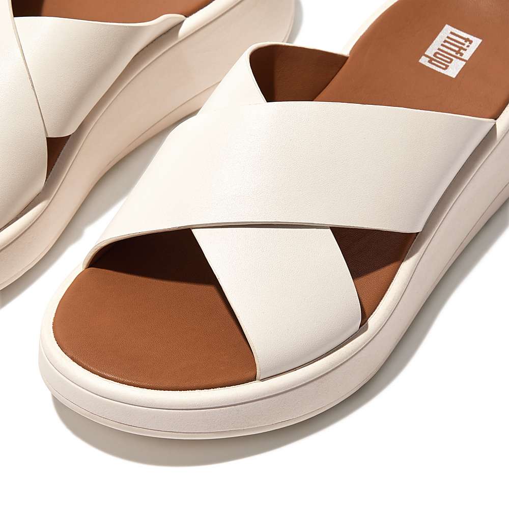 Sandalias Fitflop F-MODE Leather Flatform Cross Slides Mujer Creme | Chile-83609