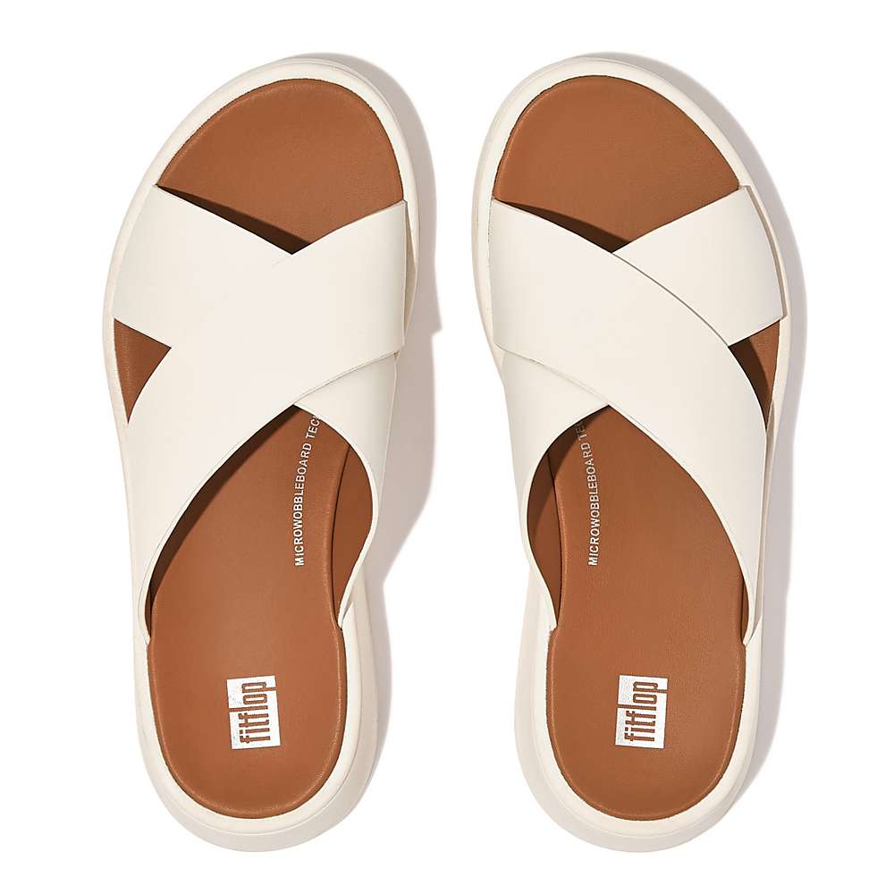 Sandalias Fitflop F-MODE Leather Flatform Cross Slides Mujer Creme | Chile-83609