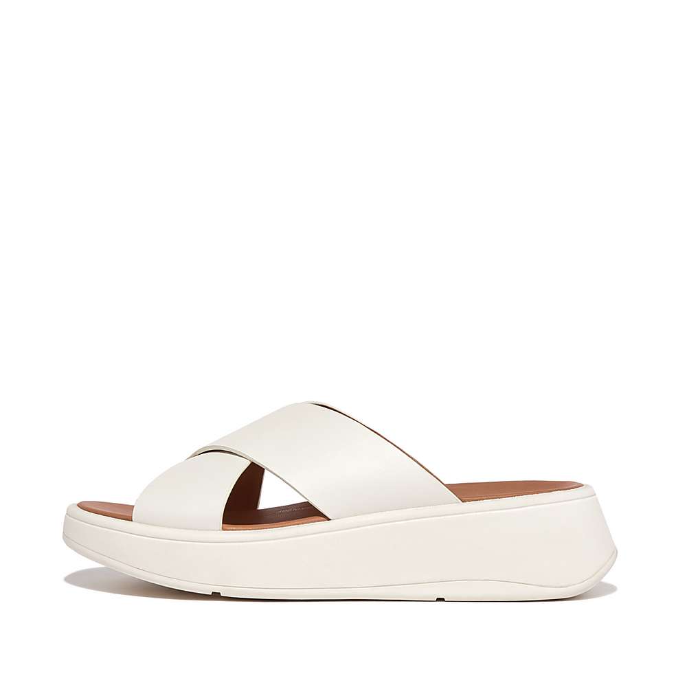 Sandalias Fitflop F-MODE Leather Flatform Cross Slides Mujer Creme | Chile-83609