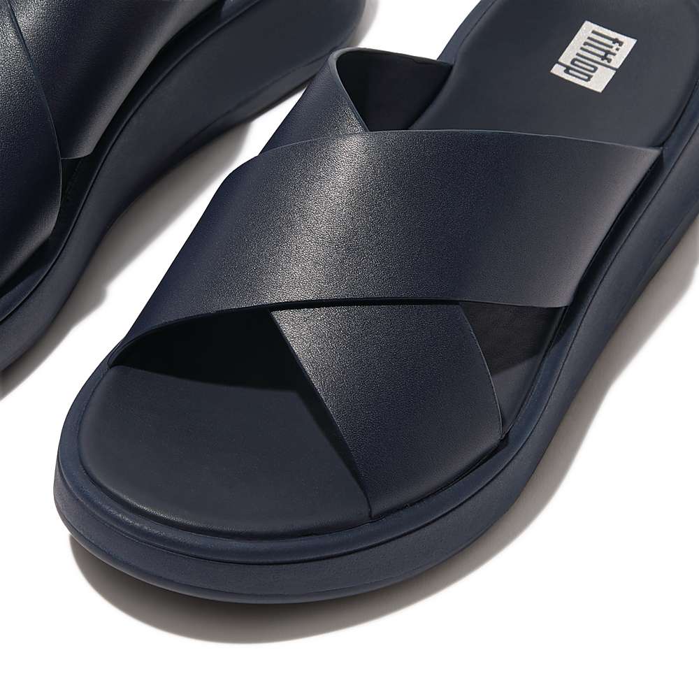 Sandalias Fitflop F-MODE Leather Flatform Cross Slides Mujer Azul Marino | Chile-94310