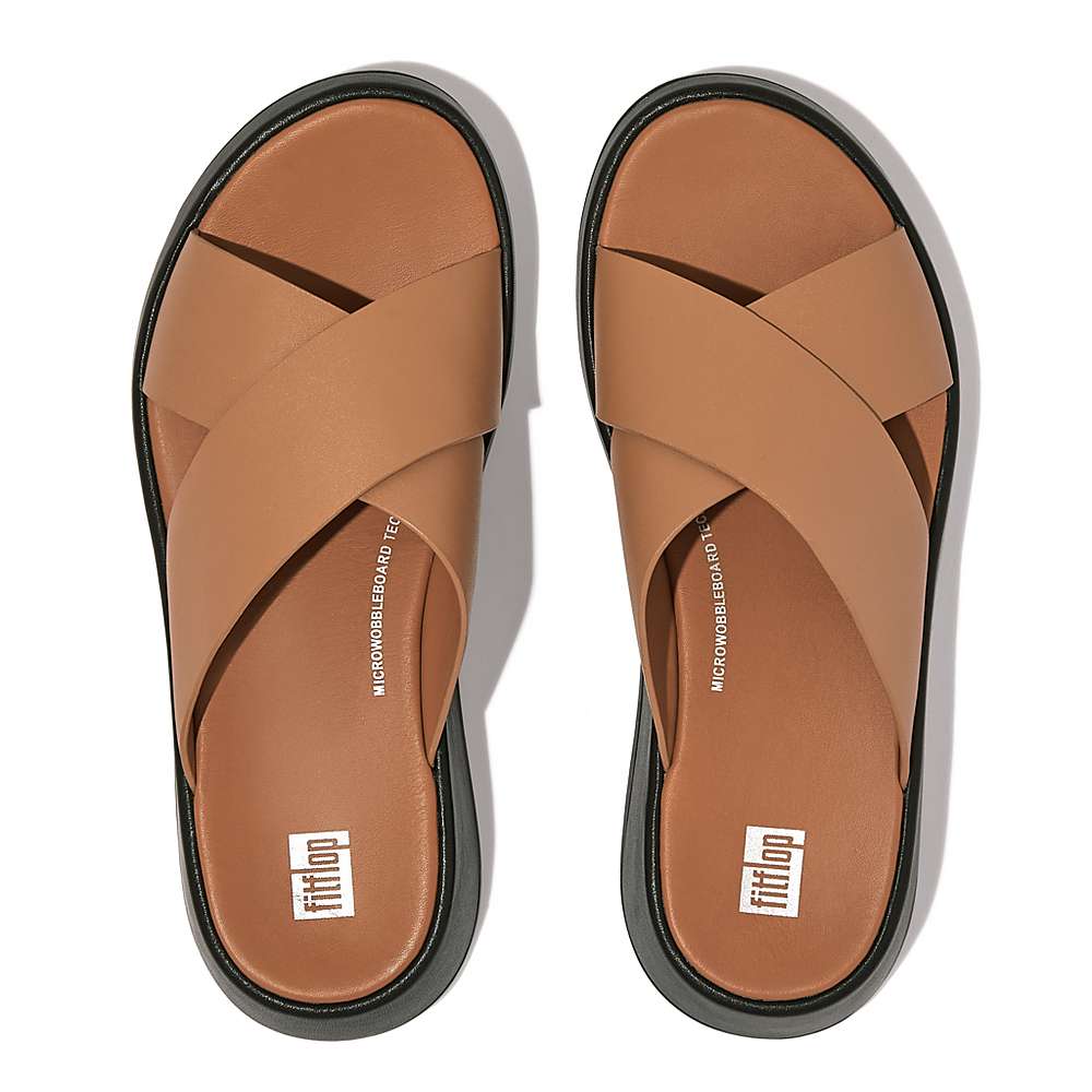 Sandalias Fitflop F-MODE Luxe Leather Flatform Cross Slides Mujer Marrones | Chile-02837