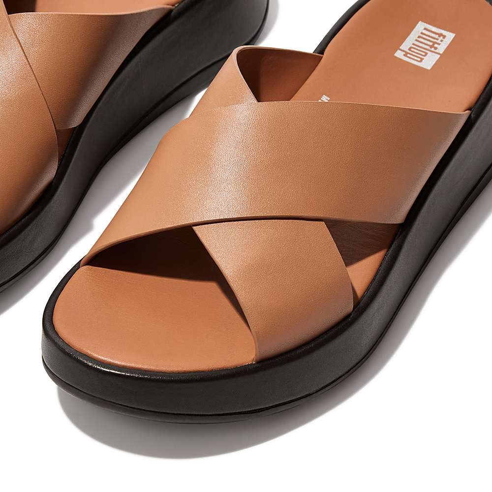 Sandalias Fitflop F-MODE Luxe Leather Flatform Cross Slides Mujer Marrones | Chile-02837