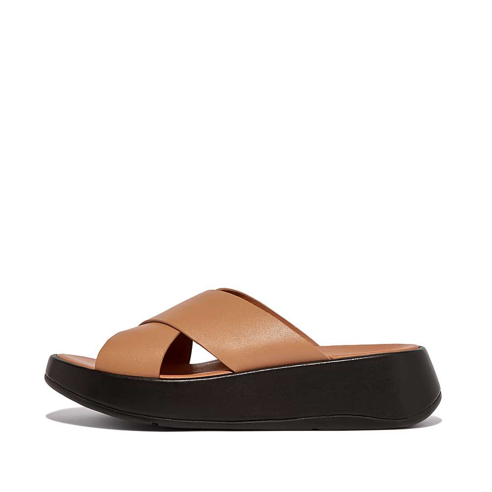 Sandalias Fitflop F-MODE Luxe Leather Flatform Cross Slides Mujer Marrones | Chile-02837