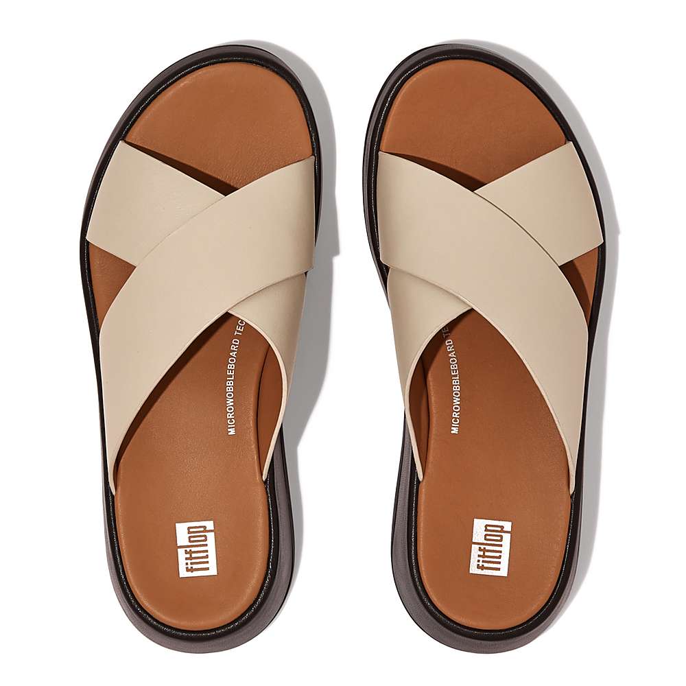 Sandalias Fitflop F-MODE Luxe Leather Flatform Cross Slides Mujer Beige Negras | Chile-89730