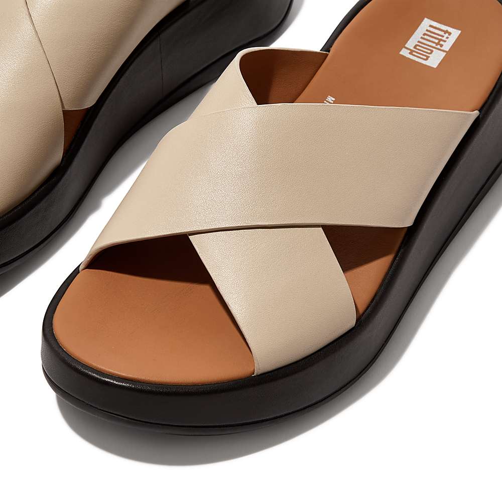 Sandalias Fitflop F-MODE Luxe Leather Flatform Cross Slides Mujer Beige Negras | Chile-89730