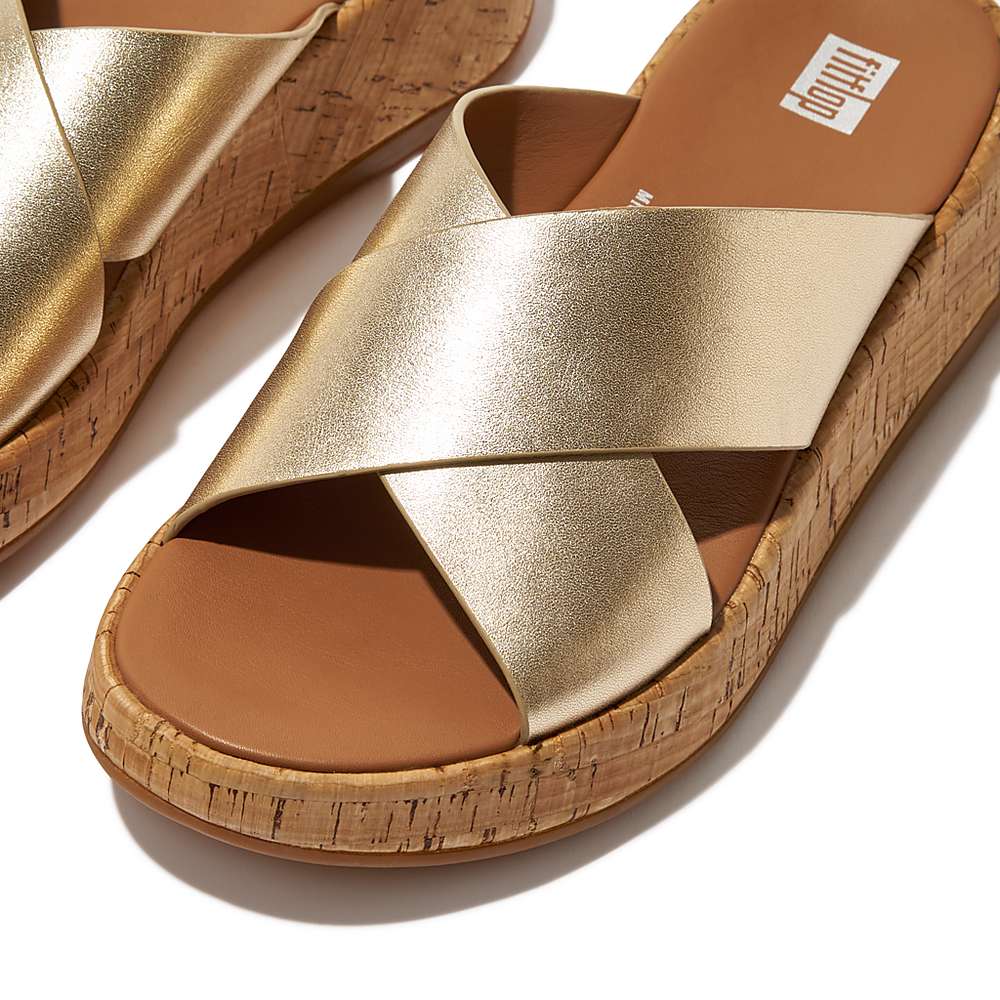 Sandalias Fitflop F-MODE Metallic Leather/Cork Flatform Cross Slides Mujer Marrones Doradas | Chile-39257