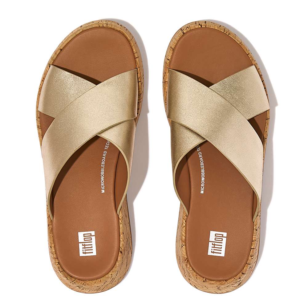 Sandalias Fitflop F-MODE Metallic Leather/Cork Flatform Cross Slides Mujer Marrones Doradas | Chile-39257