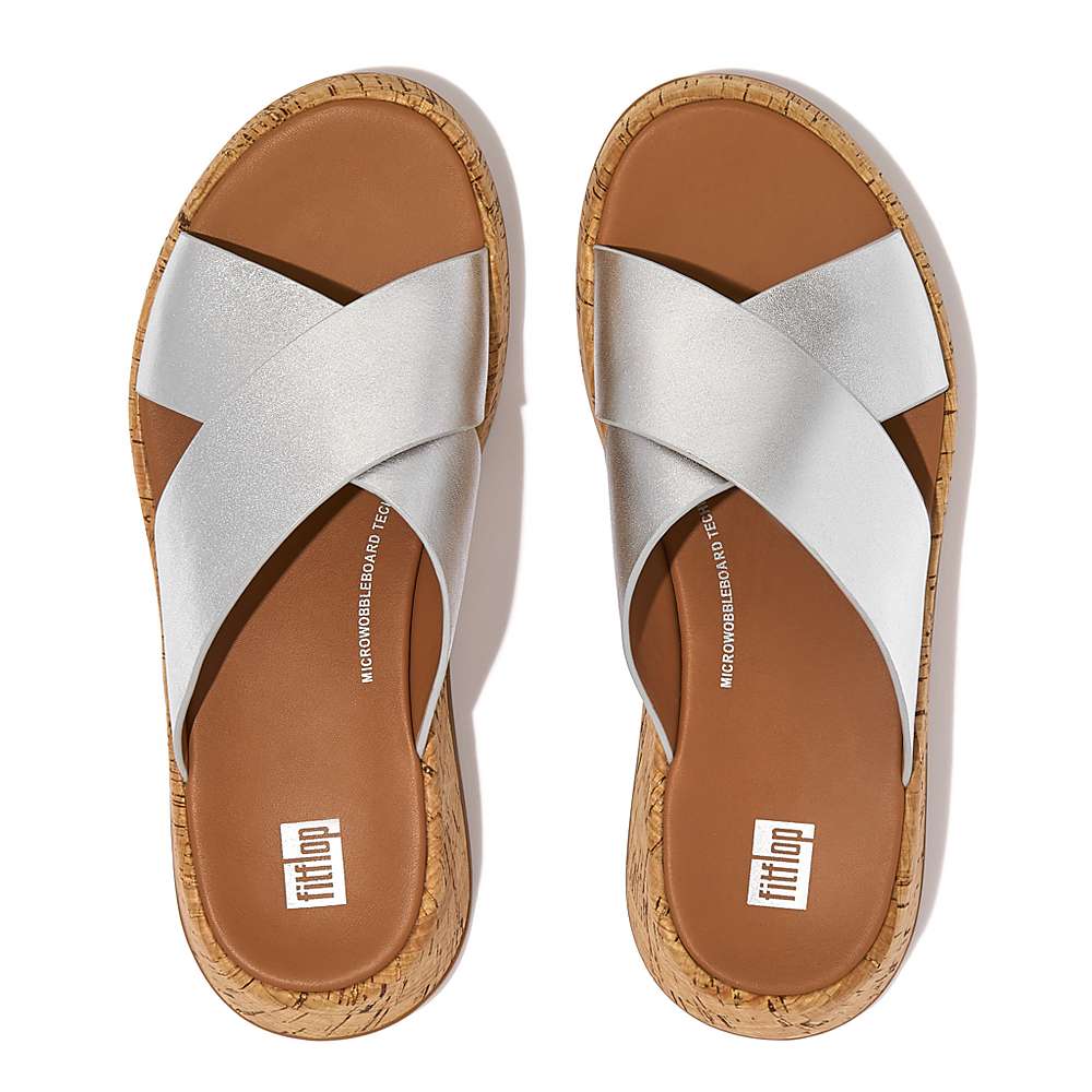 Sandalias Fitflop F-MODE Metallic Leather/Cork Flatform Cross Slides Mujer Plateadas | Chile-68402