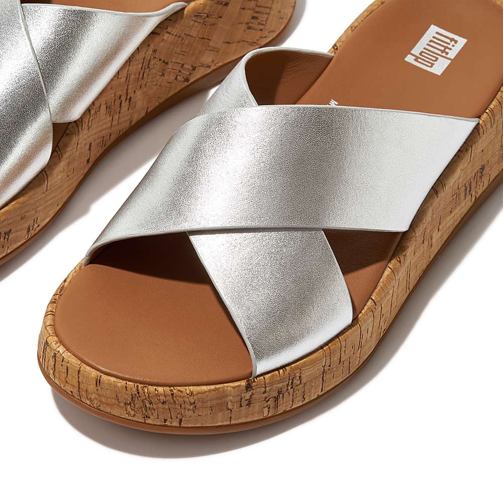 Sandalias Fitflop F-MODE Metallic Leather/Cork Flatform Cross Slides Mujer Plateadas | Chile-68402