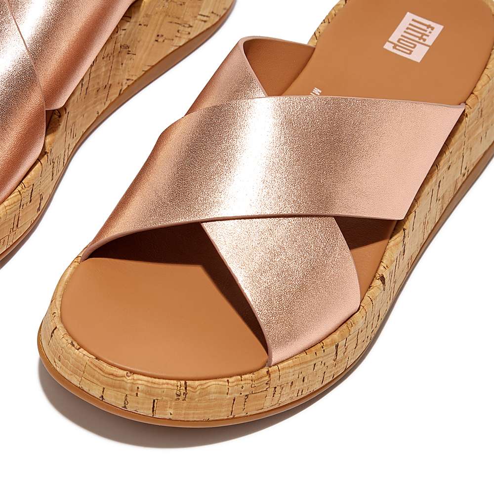 Sandalias Fitflop F-MODE Metallic Leather/Cork Flatform Cross Slides Mujer Rosas Doradas | Chile-83297