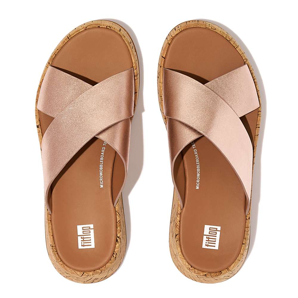 Sandalias Fitflop F-MODE Metallic Leather/Cork Flatform Cross Slides Mujer Rosas Doradas | Chile-83297