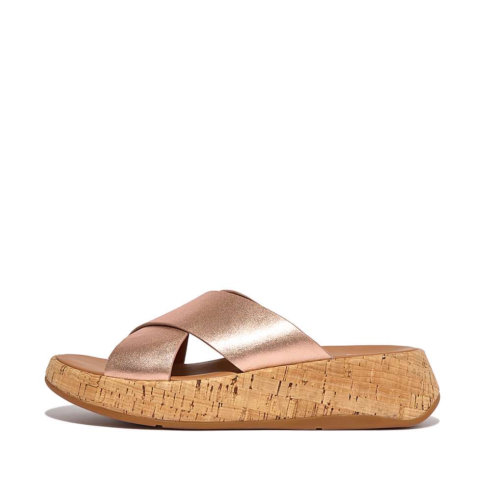 Sandalias Fitflop F-MODE Metallic Leather/Cork Flatform Cross Slides Mujer Rosas Doradas | Chile-83297