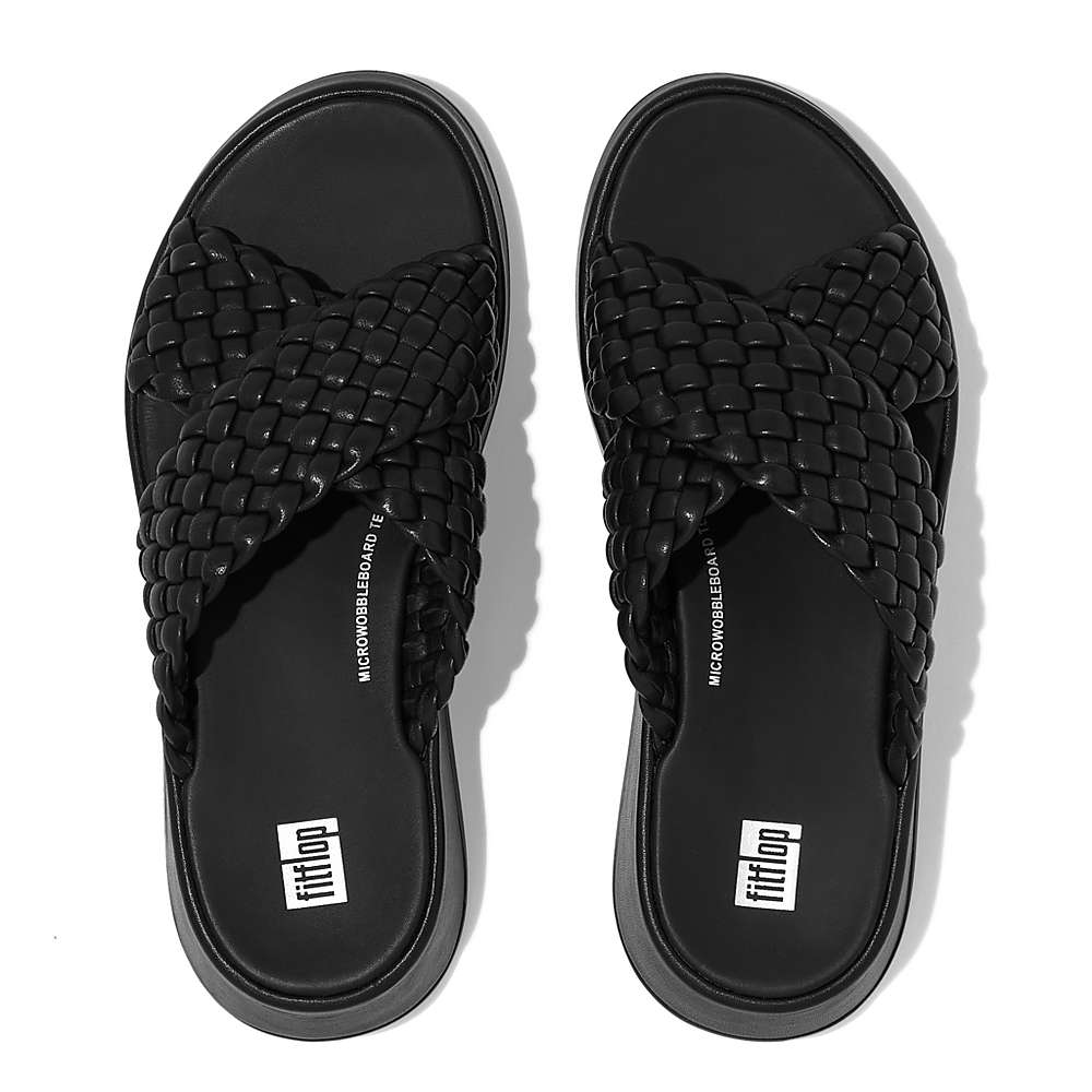 Sandalias Fitflop F-MODE Woven Leather Flatform Cross Slides Mujer Negras | Chile-71938