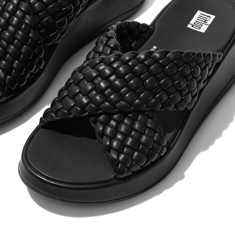 Sandalias Fitflop F-MODE Woven Leather Flatform Cross Slides Mujer Negras | Chile-71938