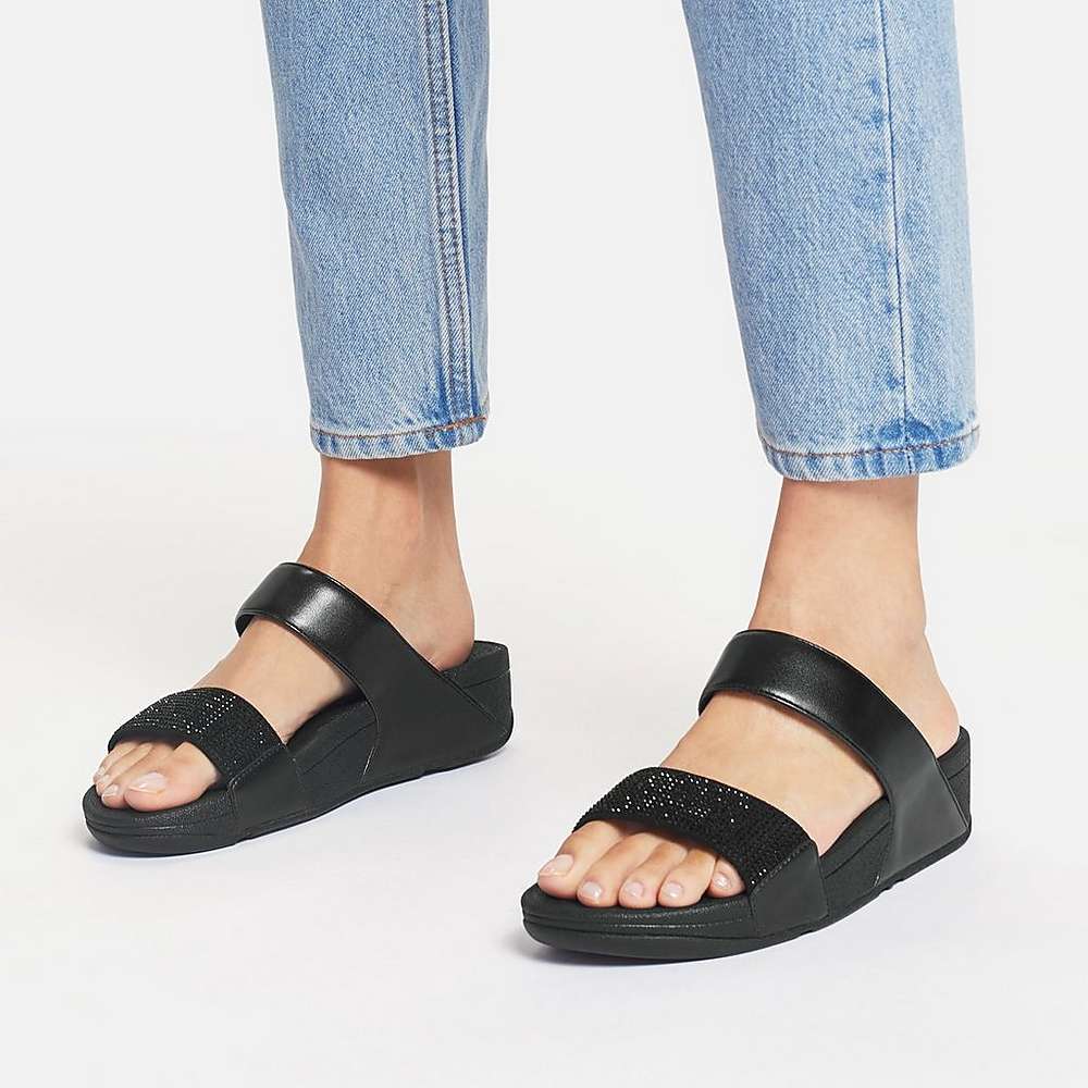 Sandalias Fitflop LULU Crystal Slides Mujer Negras | Chile-67891