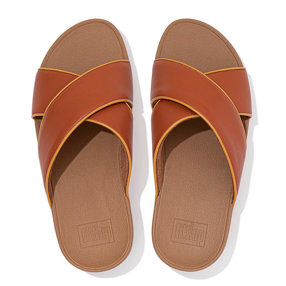 Sandalias Fitflop LULU Pop Binding Leather Cross Slides Mujer Marrones | Chile-35217