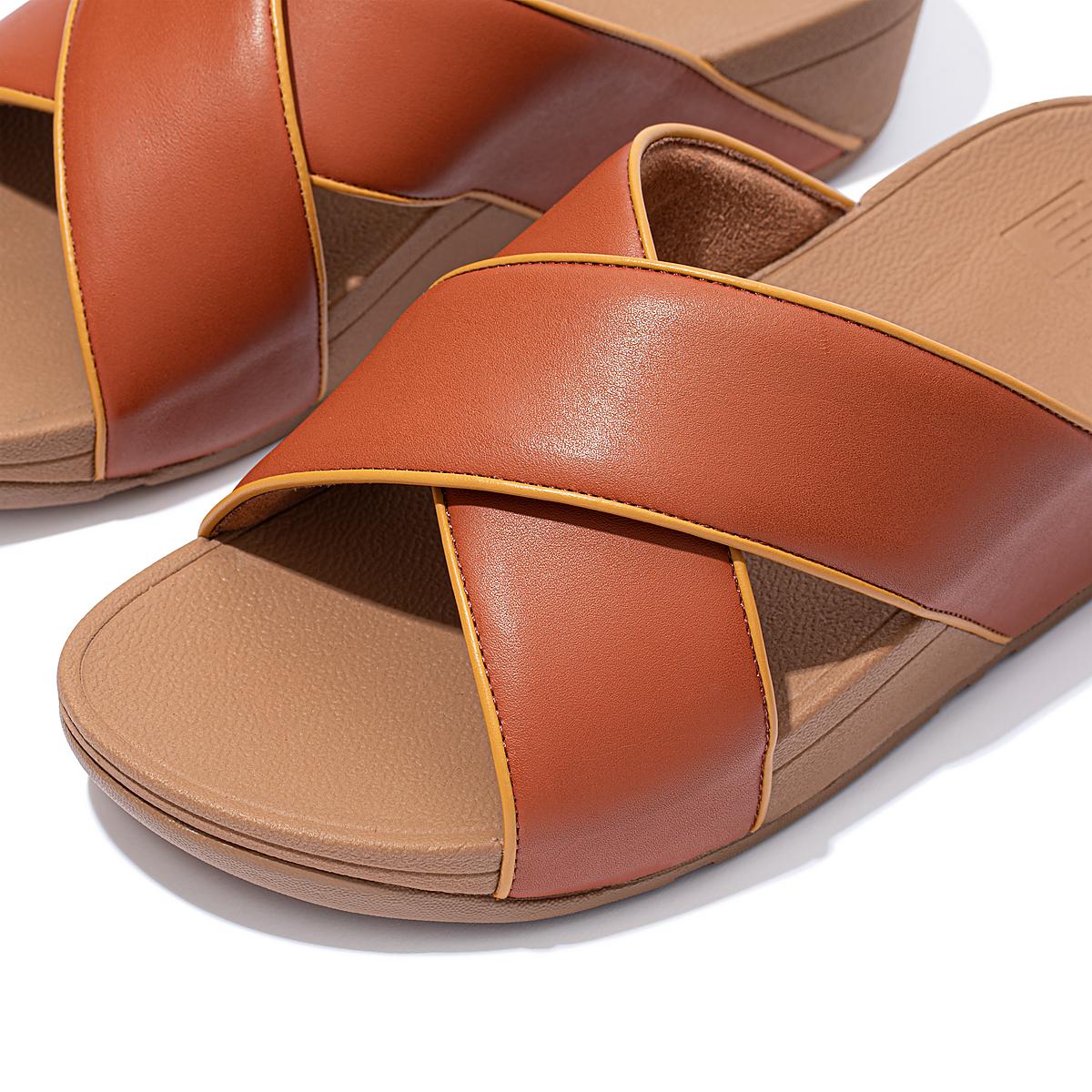 Sandalias Fitflop LULU Pop Binding Leather Cross Slides Mujer Marrones | Chile-35217