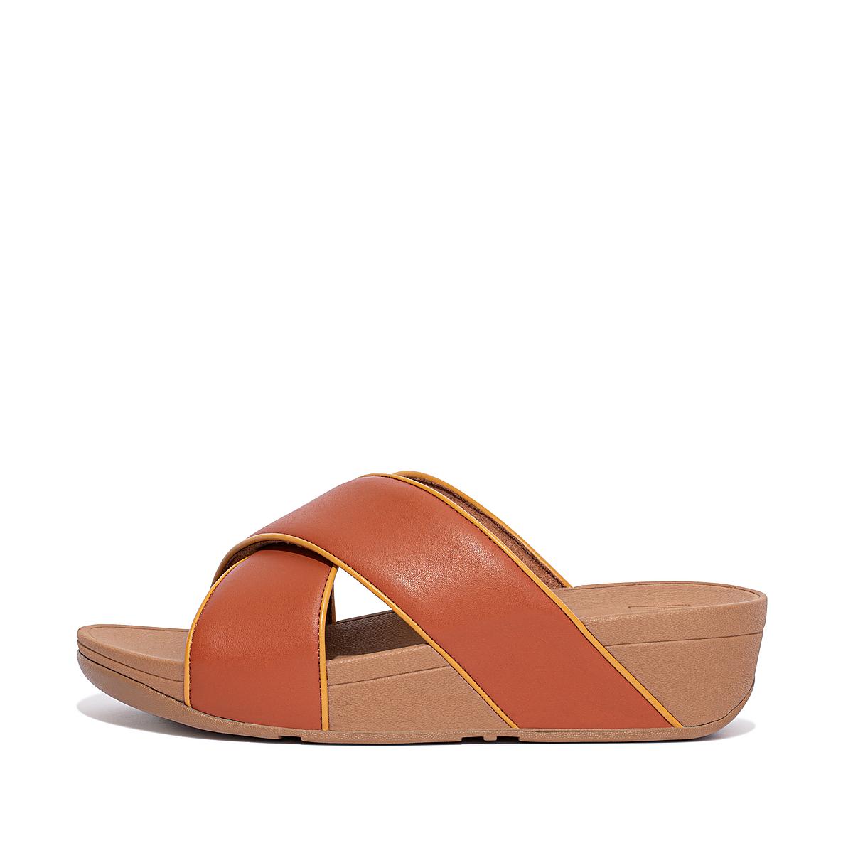 Sandalias Fitflop LULU Pop Binding Leather Cross Slides Mujer Marrones | Chile-35217