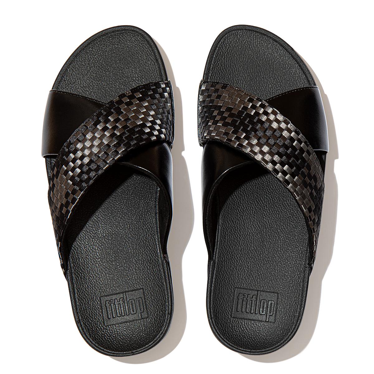 Sandalias Fitflop LULU Silky Weave Cross Slides Mujer Negras | Chile-07629