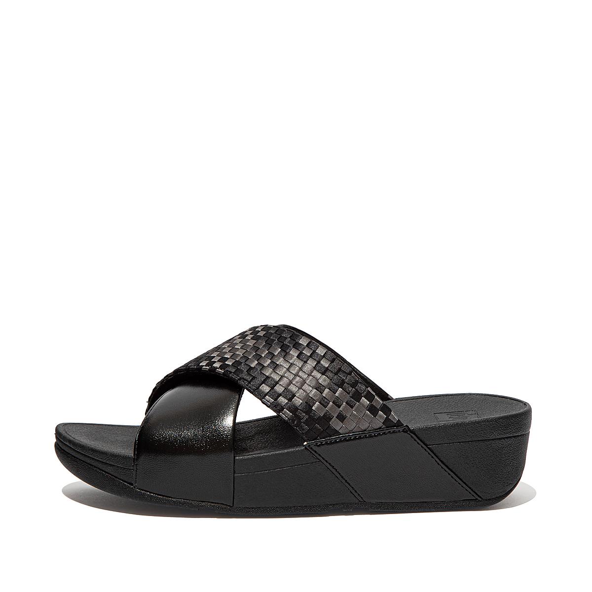 Sandalias Fitflop LULU Silky Weave Cross Slides Mujer Negras | Chile-07629