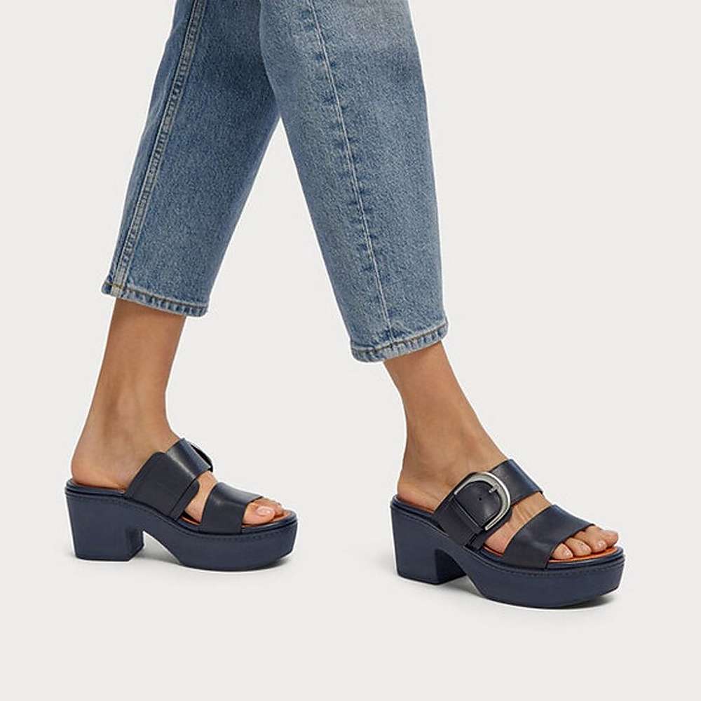 Sandalias Fitflop PILAR Leather Platform Slides Mujer Azul Marino | Chile-76540